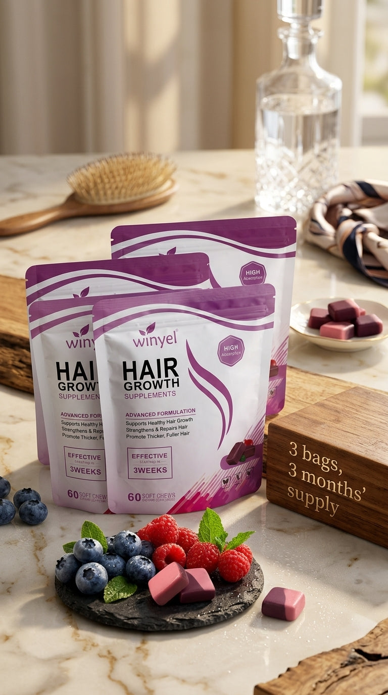 WINYEL Hair Growth Soft Chewables, Containing Hair Growth Vitamins For Men And Women, Biotin, To Help Create Thicker, Fuller, And Stronger Hair, Mixed Berries, 60 Soft Chewables.