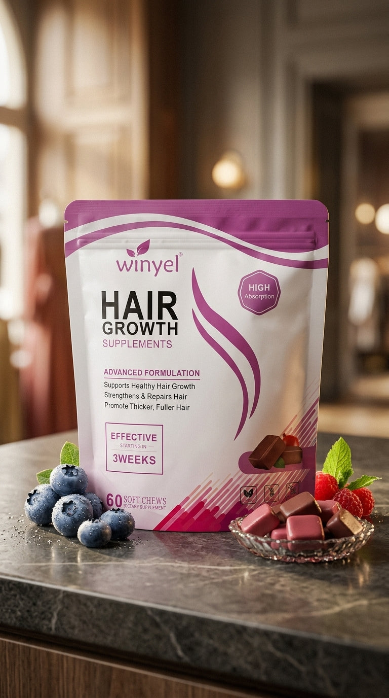 WINYEL Hair Growth Soft Chewables, Containing Hair Growth Vitamins For Men And Women, Biotin, To Help Create Thicker, Fuller, And Stronger Hair, Mixed Berries, 60 Soft Chewables.