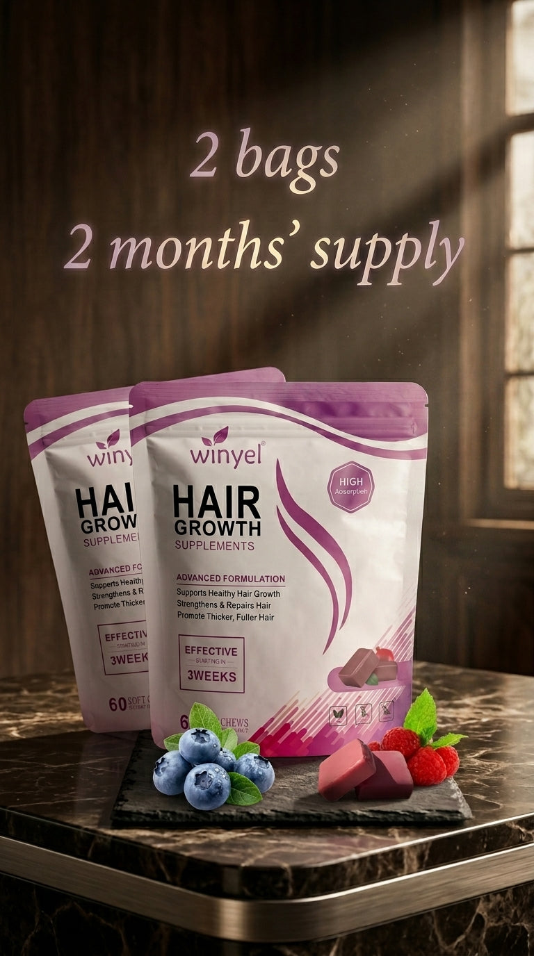 WINYEL Hair Growth Soft Chewables, Containing Hair Growth Vitamins For Men And Women, Biotin, To Help Create Thicker, Fuller, And Stronger Hair, Mixed Berries, 60 Soft Chewables.